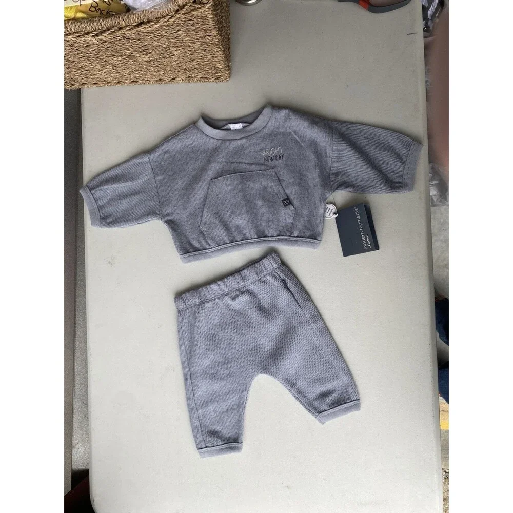 Modern Moments by Gerber 0-3M Grey Waffle Knit Pocket Sweatshirt & Pants Set NWT